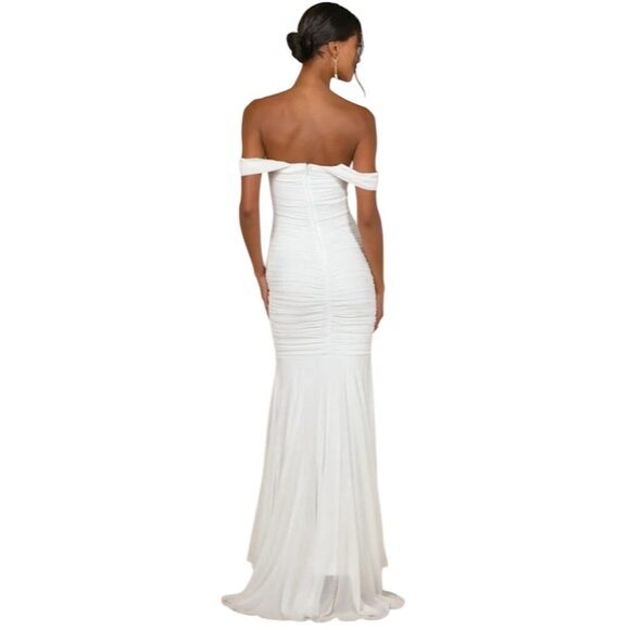 Lulus Ruched Romantic White Mesh Off-the-Shoulder Mermaid Maxi Dress, Size M - Picture 6 of 16